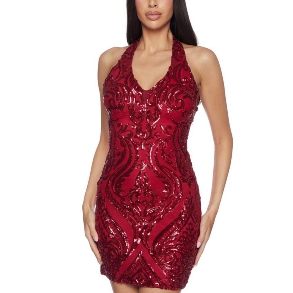 Glam B. Darlin Red Sequin Halter Mini Dress Scroll Pattern Bodycon Size 9/10